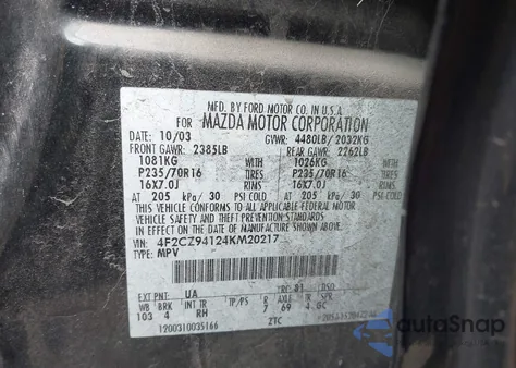 2004 Mazda Tribute Lx V6 z USA, uszkodzony, nr VIN 4F2CZ94124KM20217